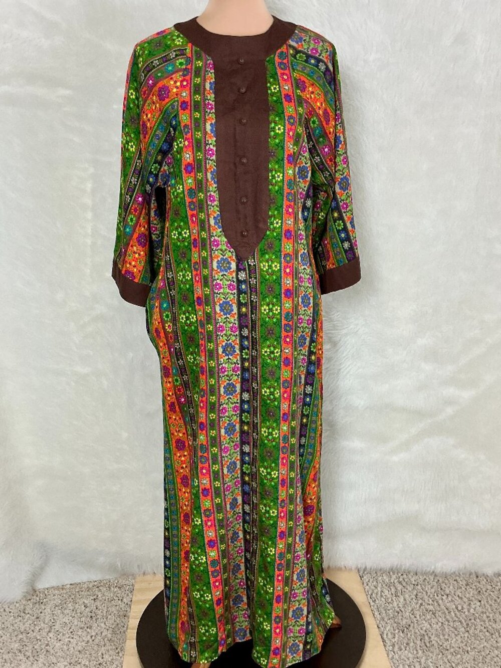 Vintage 70s Psychedelic Barkcloth Floral Maxi Caftan Kaftan M/L